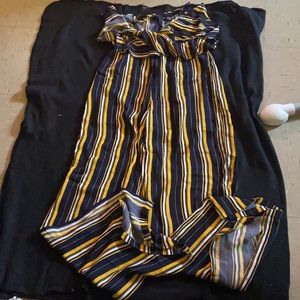 Yellow blue white striped jumpsuit pants